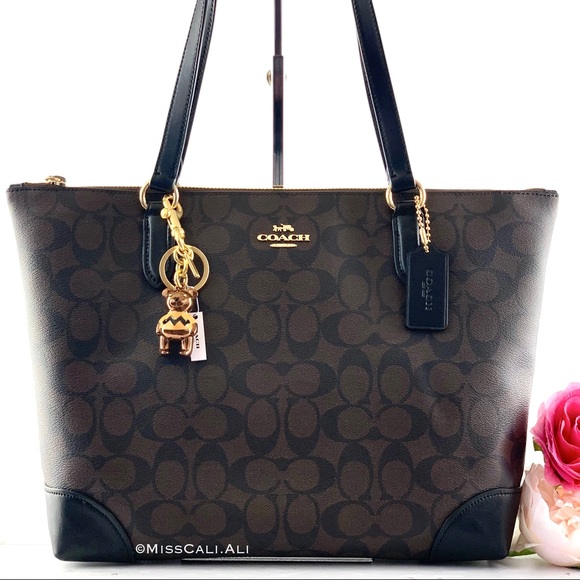 NWT COACH X PEANUTS Zip Tote Bag Signature Canvas & Charlie Bear Keychain - Picture 1 of 16